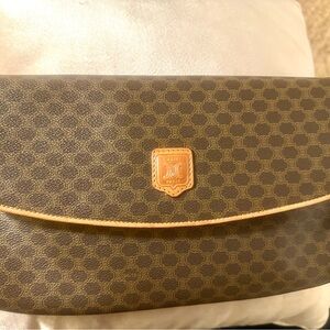 Brown Celine macadam snap button clutch